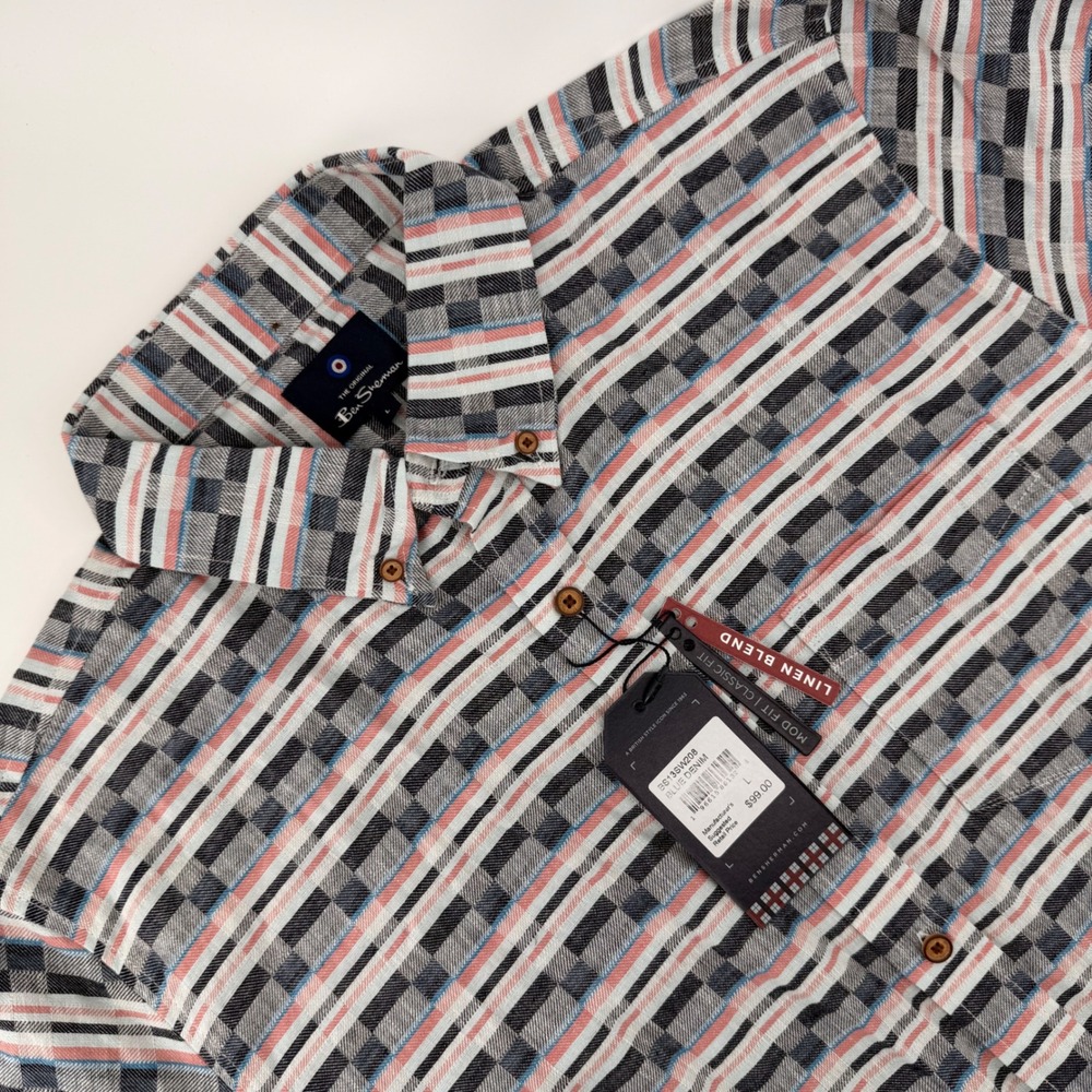 Ben Sherman Mens Large Mod Fit Linen Blend Short Sleeve Shirt Blue NWT